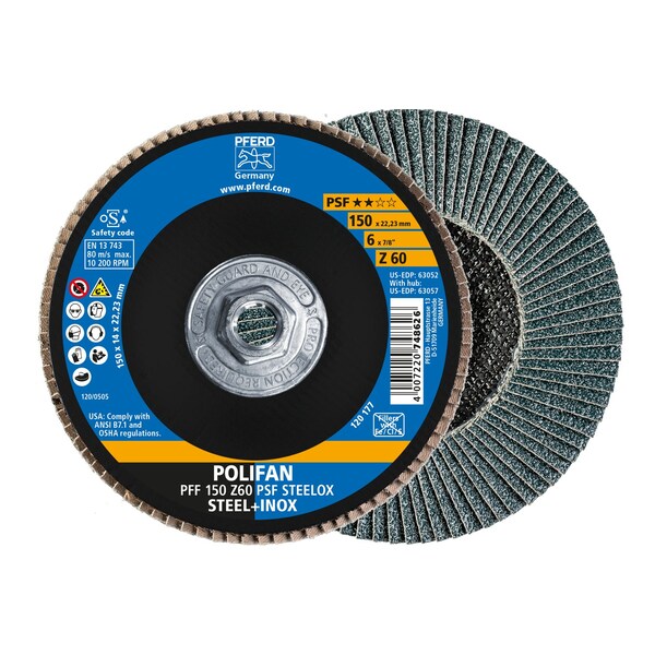 Pferd 6" x 5/8-11 Thd. POLIFAN Flap Disc - Z PSF STEELOX, Zirconia, 60 Grit, Flat 63057 - main